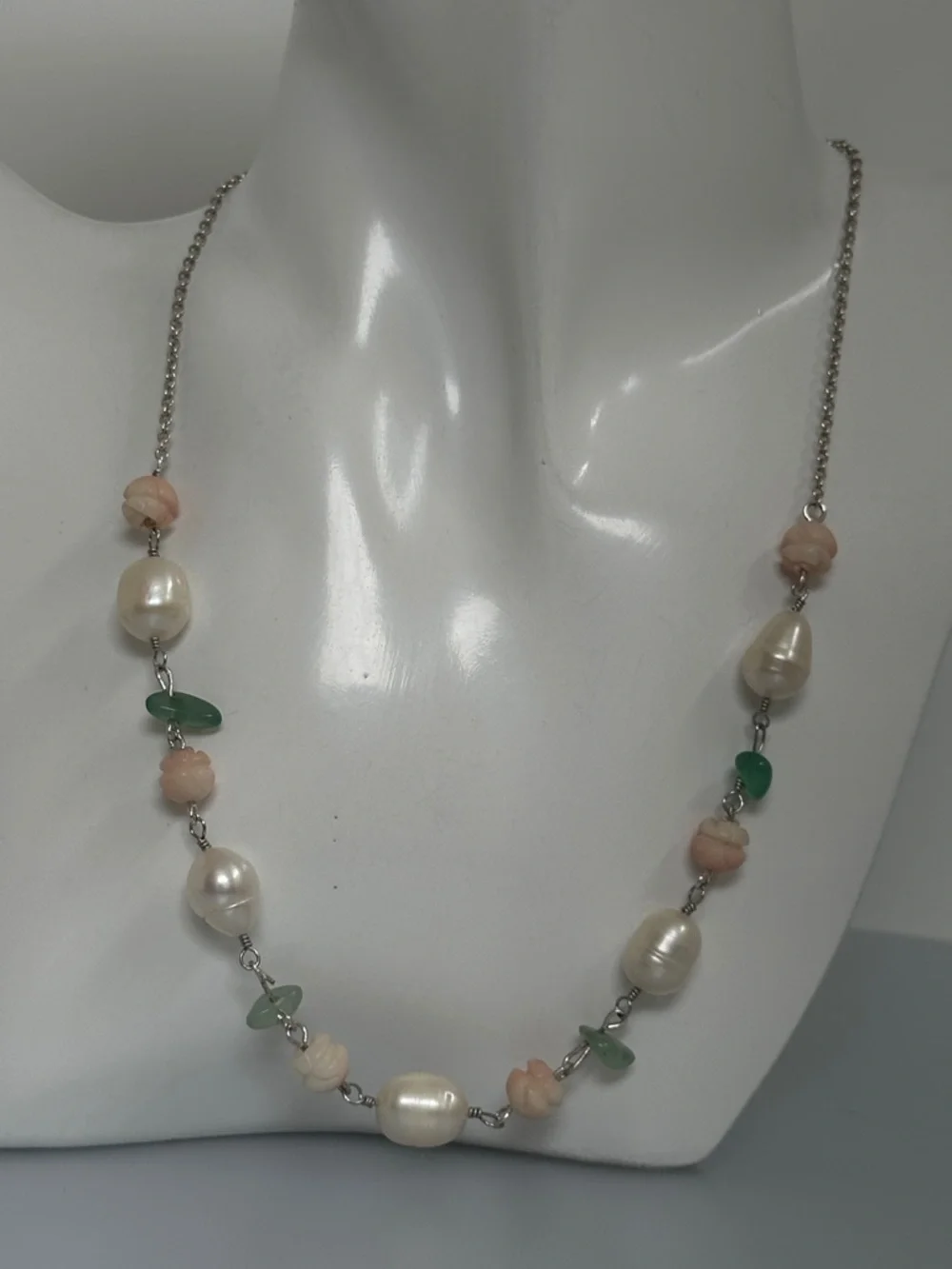 925 sterling Silver Freshwater Pearl Pink Coral and Green Jade Stones Necklace